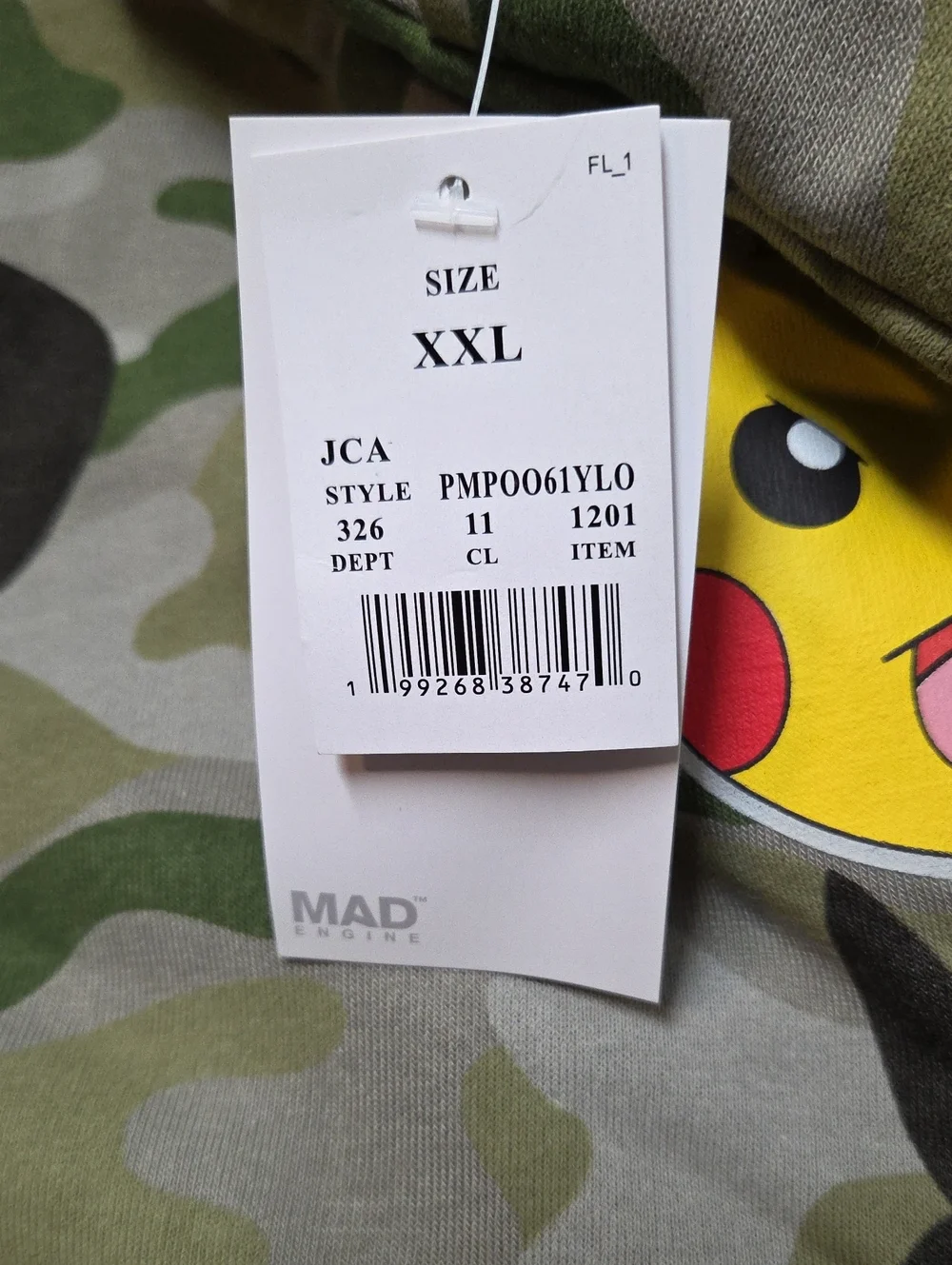 Pokemon Green Camo Pikachu Pullover Hoodie XXL Nwt